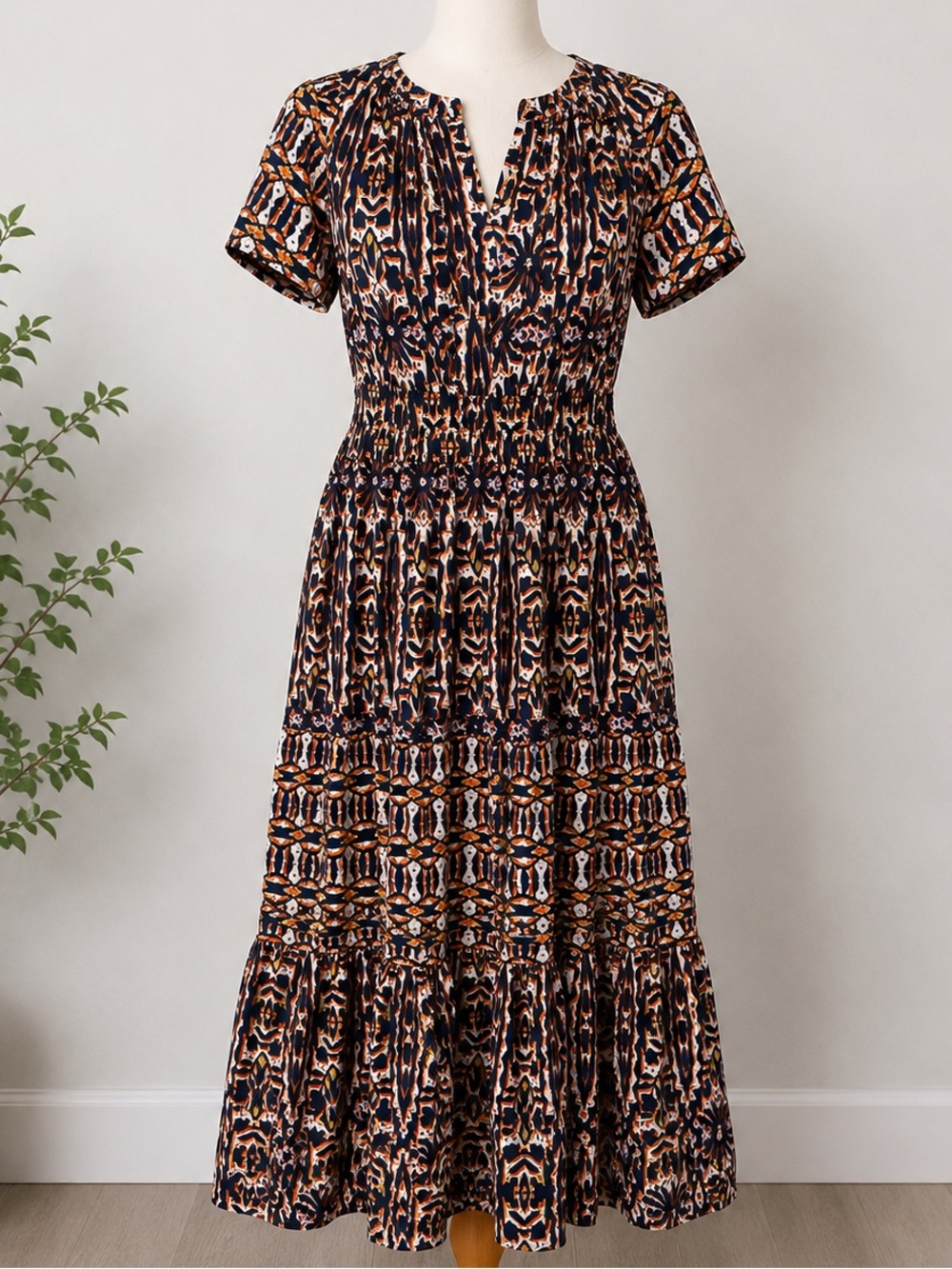 Maeve by Anthropologie Somerset Navy, and Orange Patterned Maxi Cotton Dress